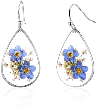 Aliyoham Vergissmeinnicht Ohrringe mit gepressten Blumen - Handgefertigte Silber Hängeohrringe in Tropfenform, Natürlicher Ohrschmuck