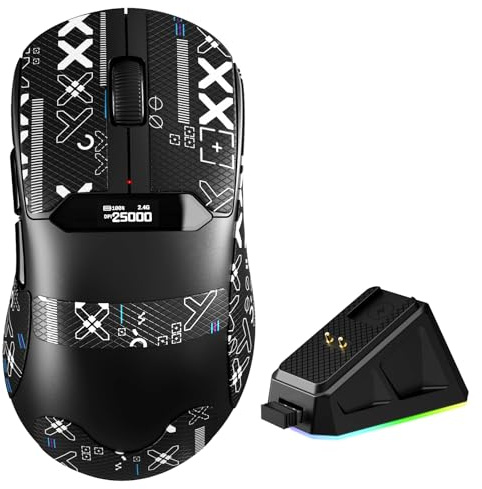 MAGIC-REFINER R1 Kabellose Gaming-Maus mit RGB Magnet-Ladestation, PAW3311 Gaming-Sensor, 25000DPI, BT/2.4G Kabellos/Kabelgebunden mit Griffband, Digitalanzeige, Web-Treiber für PC/Mac-Schwarz