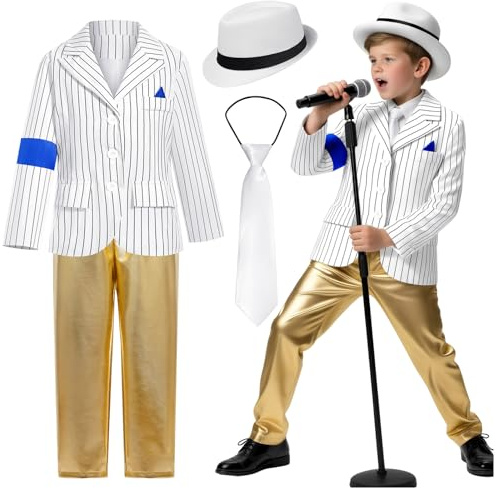 Generisch Kinder Retro Pop Star Kostüm 4-teiliges Set Gestreifter Anzug Goldene Hose Mit Weißem Hut Und Krawatte 90er Jahre Outfit Für Halloween Bühnenauftritt Und Mottoparty