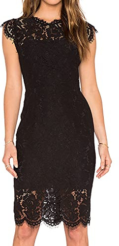 MEROKEETY Women's Sleeveless Lace Floral Elegant Cocktail Dress Crew Neck Knee Length for Party, Black, Medium