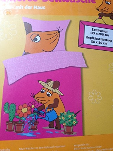 Schmitt-Menzel Kinder Bettwäsche Die Maus Träumen mit der Maus Garten Bezug 135x200cm Kissen 80x80cm Renforcé 100% Baumwolle mit Reißverschluss