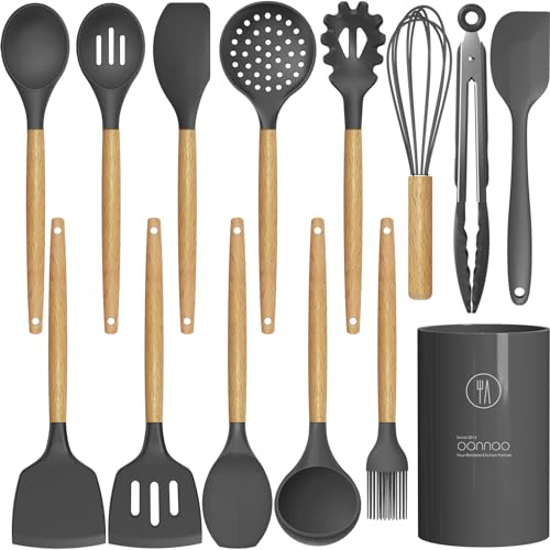 oannao Silicone Cooking Utensils Kitchen Utensil Set - 446°F Heat Resistant Silicone Kitchen Utensils Set, Spatula,Turner Tongs, Spoon, Whisk,Kitchen Gadgets for Nonstick Cookware, BPA Free (Gray)