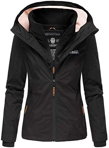 MARIKOO Damen Regen Jacke Outdoor Regenjacke Winterjacke Fleece Gefüttert Kapuze XS - XXL ERDBEERE (L, Schwarz)