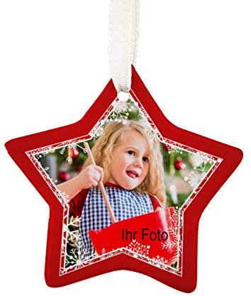 Herz & Heim® Christbaum Geschenk-Anhänger Keramik-Stern mit gratis Namensaufdruck Rot Foto