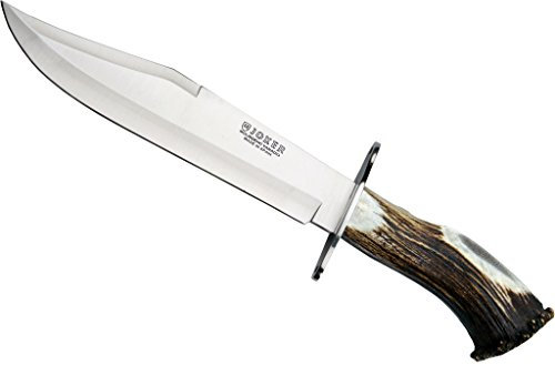 Joker Bowiemesser CN101, Hirschkronengriff, 25 cm Klinge aus MOVA-Stahl, mit Gürtelmesser brauner Lederscheide, Werkzeug zum Angeln, Jagen, Camping und Wandern