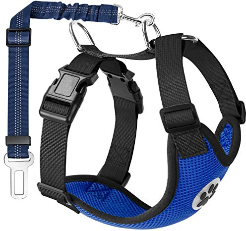 Lukovee Hunde-Sicherheitsweste mit Sicherheitsgurt, Hunde-Autogeschirr, verstellbar, Haustiergeschirr, doppeltes atmungsaktives Netzgewebe Kfz-Anschlussgurt für Hunde (Medium, Blau)