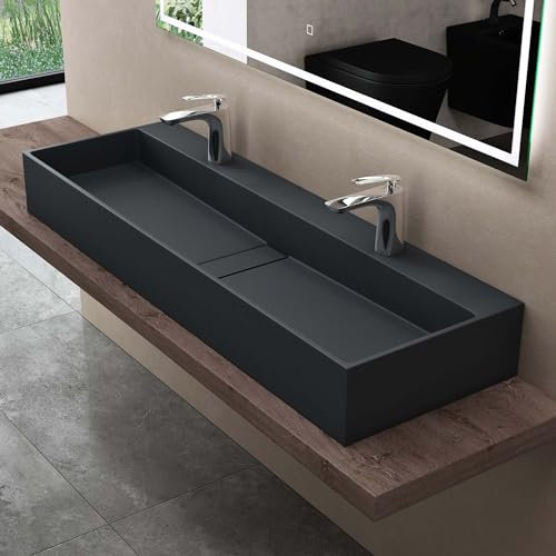doporro Waschbecken Hängewaschbecken 120x40x14 cm, Aufsatzwaschbecken in Anthrazit matt aus Mineralguss Waschtisch mit 2 Armaturenlöcher Colossum6028