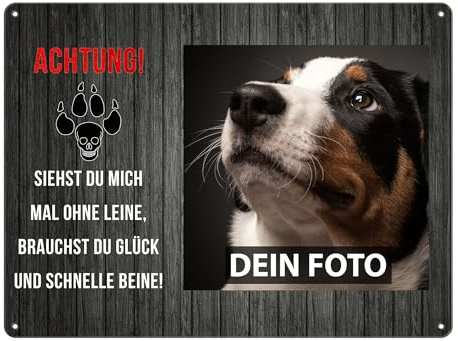 Blechschild PERSONALISIERT mit EIGENEM Hundefoto und Spruch - Siehst Du mich mal ohne Leine - Geschenkidee für Hundebesitzer/Türschild/Hundeschild - Querformat DIN A3