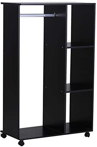 HOMCOM Kleiderschrank auf Rollen, Mobile Garderobe, 1 Kleiderstange, 3 Regale, Garderobenschrank für Flur, Schlafzimmer, 80 x 40 x 128 cm, Schwarz