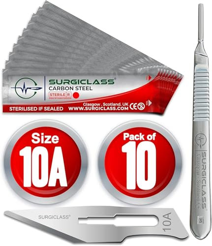 Surgical Scalpel Surgical Blades # 10A Carbon Steel Sterile Pack of 10 and Handle No 3 Perfect for wood art, Surgical, Sculpting, Repairs, Lab Anatomy, Sign, Card Making Lab Training SURGIRD10A-10