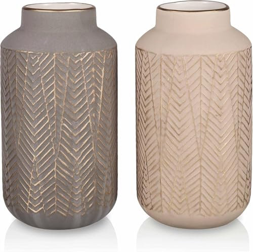 TERESA'S COLLECTIONS Steingut Vasen Hellgrau und Hellgold Blumenvase Moderne Tischvase für Wohnkultur Wohnzimmerdekoration 2er Set 20 cm