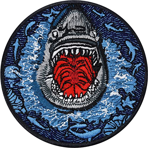 HAIFISCH Aufnäher Der weiße Hai Sticker Save the Ocean Aufbügler Haie Bügelbild Megalodon Patch zum annähen/aufbügeln | WHITE SHARK Applikation für alle Stoffe | 70x70mm