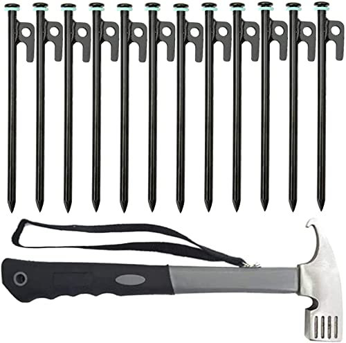 Clarmonde Tent Stakes & Tent Hammer, Heavy Duty Camping Pegs, Forged Steel Tent Pegs Unbreakable and Inflexible, Available in Rocky Place Dessert Snowfield and Grassland (20cm/8in,12Pcs +1Pcs Hammer)