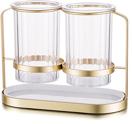 Kitchen Utensil Holder for Countertop 2 Green Cups with Gold Iron Frame Cooking Utensil Crock, Chic and Modern Cutlery Caddy, Practical Utensil Pot for Fork Spoon Knife Spatula Flatware