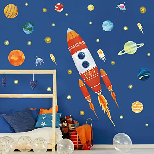 wondever Wandtattoo Raketen Weltraum Wandaufkleber Planeten Sonnensystem Wandsticker Wanddeko für Kinderzimmer Babyzimmer Spielzimmer