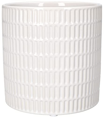 KOTARBAU® Maceta cilíndrica de cerámica esmaltada, Ø12 cm, Tiesto Decorativo para Flores y Plantas, Macetero Redondo para Interiores, Diseño Minimalista, Blanco, Acabado Brillante, Patrón Ranuras