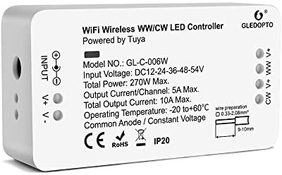 Gledopto WiFi Controller LED-Streifen WW/CW DC12-24-54V Light Strip Controller Sprachsteuerung per App mit Tuay Smart Life Alexa Google Home Assistant ohne zusätzlichen Hub