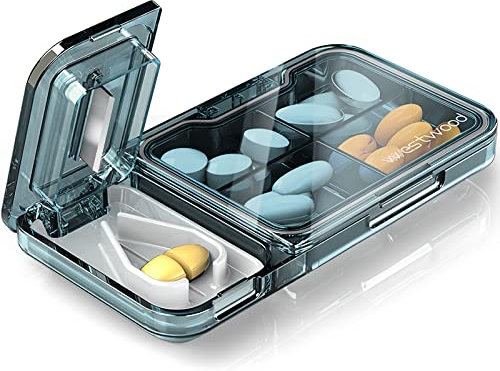 PAIVSUN Tablettenteiler, 2 In 1 Tablettenbox mit Tablettenspalter, 1 Tablettenteiler und 4 Fächer Wasserdichte Medikamentenbox für Reise & täglichen Gebrauch(Blau)