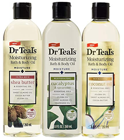 Dr. Teals Bath & Body Oil Variety Gift Set (3 Pack, 8.8oz Ea.) - Rejuvenating Eucalyptus, Ultra Rich Shea Butter, & Nourishing Coconut Oil - Essential Oils Hydrate Skin & Alleviate Stress