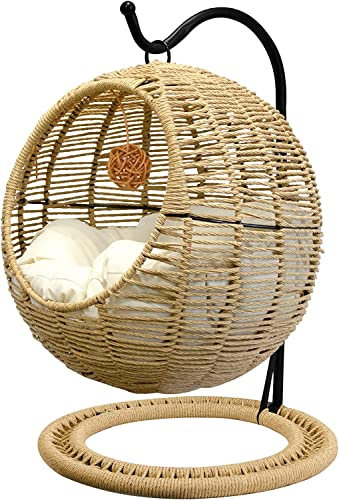 Cat Swing Bed Indoors & Outdoors, Hand Made Wicker Cat Bed with Removable Cushion & Hanging Ball, Washable Pet Swing for Cat, Small Dog, Small Animals