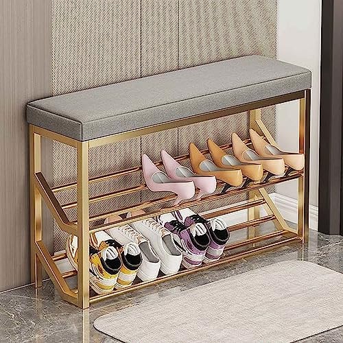 JUnipi Shoe Organizer Entryway Shoe Rack Bench Cabinet Slim for Small Space Metal Frame Entrance Bench for Bedroom End of Bed