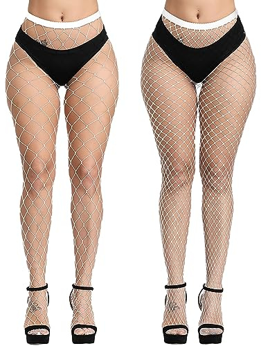 WEANMIX Medias de red con patrón de encaje, mallas de cintura alta para mujer, C17-blanco-grande+rejilla mediana, talla única