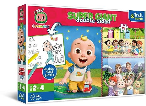 Trefl Primo - Cocomelon, Fröhlicher Tag der Freunde - 3in1: Puzzle 15 Sehr Große Elemente, Malvorlage, Buntes Puzzle mit Helden der Fernsehserie, Spiel für Kinder ab 2 Jahren