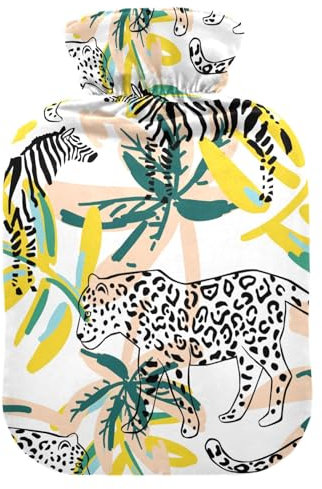 Tropischer Leopard Zebra Wärmflasche mit Bezug, Wärmflaschen zur Schmerzlinderung, Handfußwärmer, Heiztasche für Erwachsene, 1L