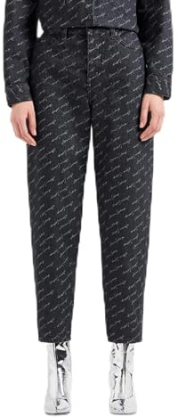 Armani Exchange Women's Carrot Fit Rigid Cotton Twill Denim in Black with All Over Signature Print, Black Denim Allover, 29W x 32L