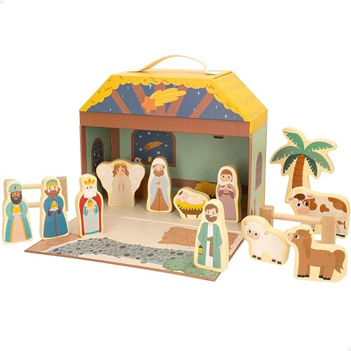 WOOMAX Weihnachtskrippe aus Holz, für Kinder, 15 Teile, doppelseitiger Druck, Geburt Weihnachten, Krippe, Heilige Könige, für Kinder ab 3 Jahren, Weihnachtsdekoration (47392)