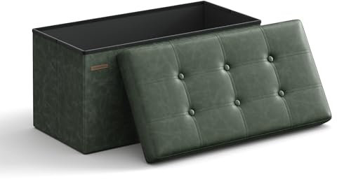 SONGMICS Sitzhocker mit Stauraum, klappbare Sitzbank, 38 x 76 x 38 cm Fußbank, Aufbewahrungsbox, bis 300 kg belastbar, für Wohnzimmer Schlafzimmer Flur, waldgrün LSF040C01