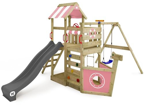 WICKEY Spielturm Klettergerüst SeaFlyer mit Schaukel & pastellpinker Rutsche, Outdoor Kinder Kletterturm mit Sandkasten, Leiter & Spiel-Zubehör für den Garten