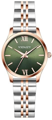 VXFAIZY Damen Einfachheit Uhr Wasserdicht Casual Armbanduhr für Frauen(Silber-roségold, Grün)
