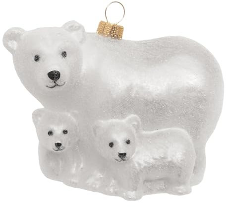 Krebs Glas Lauscha - Weihnachtsdekoration/Christbaumschmuck aus Glas - Eisbär Mutter mit Ihren Kindern - Farbe: Weiß - Größe: ca. 9 cm
