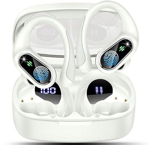 Wireless Earbuds, Bluetooth 5.3 Sport Headphones HiFi Stereo Noise Cancelling Earbuds with HD Mic, 50H Wireless Headphones Dual LED, In Ear Ear Buds with EarHooks, IP7 Bluetooth Earphones, White