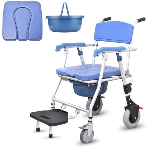 Aocay Toilettenstuhl Faltbar für Senioren, Toilettenstuhl Klappbarer 150kg, Duschstuhl für Senioren mit Rollen, Toilettenstühle mit Gepolsterter Sitzplatte und Toiletteneimer, Ideal für Pflege und All