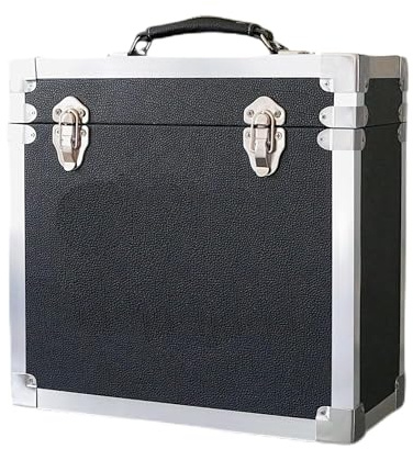 Steepletone 12 Vinyl Record Storage Box Case, with Carry Handle, Faux Leather Finish with Metal Edge, Holds up to 45 LP's (Black)