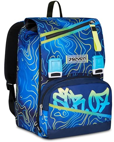 Seven Erweiterbarer Schulranzen,für Schule Sport Freizeit, ab 1. Klasse, für Mädchen und Jungen, gepolsterter Rucksack,mit Trinkflaschenfach, blau-grün