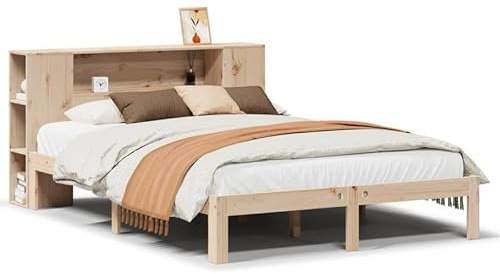 Eleganz Massivholzbett Kiefer 140x200 cm mit Regal - Stilvolles Holzbett für Schlafzimmer, Langlebig & Stabil, Platzsparend mit Stauraum - Ohne Matratze
