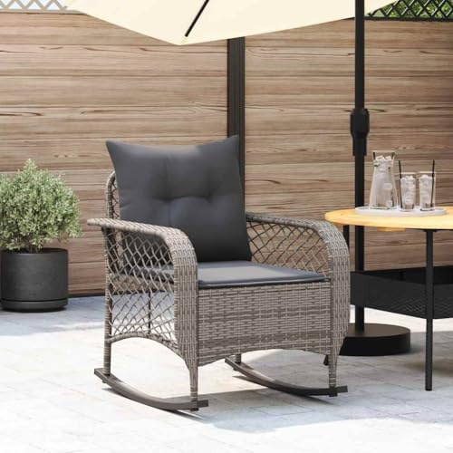 Bucmath Garten-Schaukelstuhl, Grau Poly Rattan, mit Kissen, Outdoor Stuhl für Balkon, bequemer Terrassenstuhl, witterungsbeständig, 110 kg Belastbarkeit