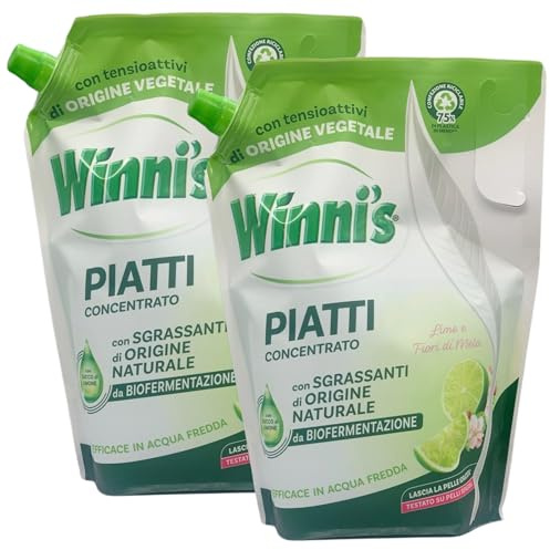 2x Busta Ricarica Sapone PIATTI Concentrato, Con Sgrassanti Di Origine Naturale Da Biofermentazione. Delicato Sulla Pelle 900ml (LIME E FIORI DI MELA)