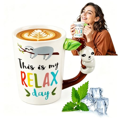SilverChry Taza de Café Divertida con Forma De Animal – Tazas de Cerámica de 400 Ml, Tazas Mug, Taza Te, Asa de Animal, Ideal para Té, Café, Leche, Zumo y Capuchino (Perezoso)