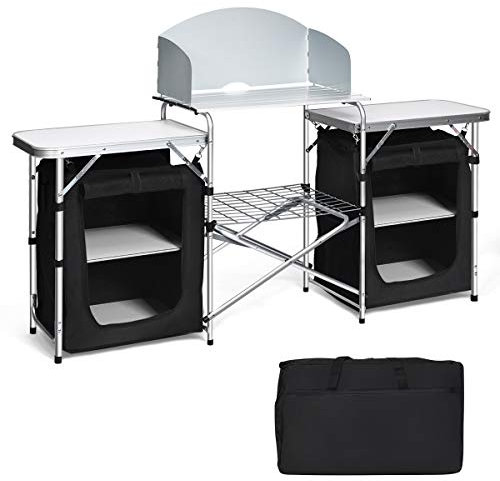 COSTWAY Folding Camping Table with Windshield and Carrying Bag, Outdoor Garden Kitchen Mesh-Door Storage Cabinet Shelves, Stove Burner Gas Organizer BBQ Picnic Table, 172 X 48 X 110cm (Black)