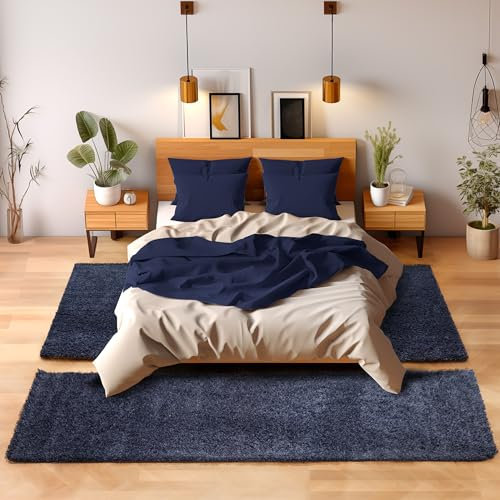 Unbekannt Shaggy Hochflor Teppich Carpet 3TLG Bettumrandung Läufer Set Schlafzimmer Flur, Farbe:Marineblau, Bettset:2x60x110+1x80x150