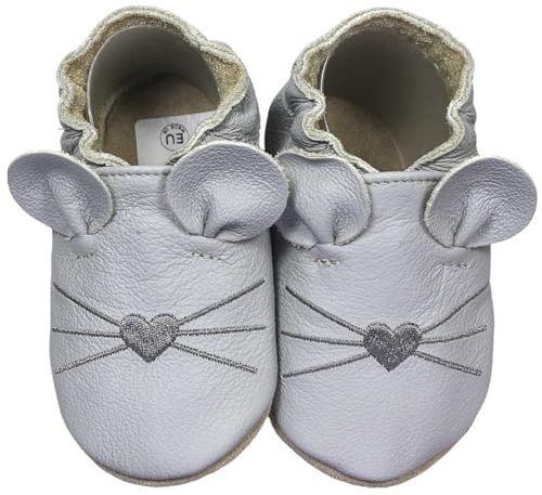 HOBEA-Germany Krabbelschuhe für Jungs und Mädchen in verschiedenen Designs, Schuhgröße:16/17 (0-6 Monate), Modell Schuhe:Maus hellgrau