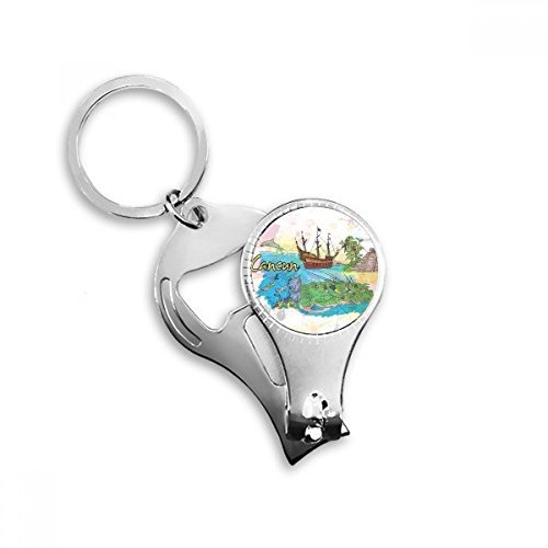 City Cancun Mexico Island Mayan Temple aquarelle Porte-clés en métal Bague multifonction Pince à ongles Décapsuleur de voiture Keychain Meilleur Cadeau de Charm