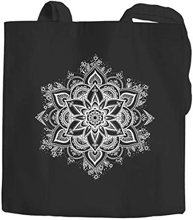 Jutebeutel Mandala Ornament Bohemian Boho Ethno Baumwolltasche Stoffbeutel Tragetasche Autiga® schwarz 2 lange Henkel
