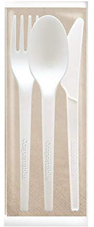 Tris posate compostabile forchetta coltello cucchiaio salvietta in Cpla