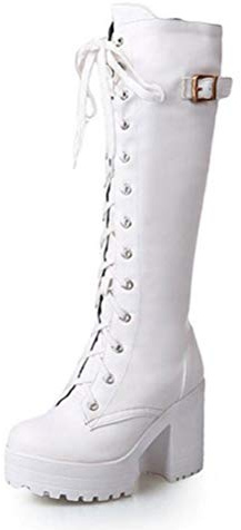 Toride Damen Kniehohe Stiefel Plattform Schnüren Quadratische Ferse Kurze Plüsch Schnalle Blockabsatz Winter Herbst High Heels Schneeschuhe