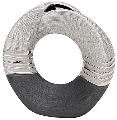 Dekohelden24 Edle Moderne Deko Designer Keramik Vase rund geschwungen mit Loch in Silber-grau, 19 cm